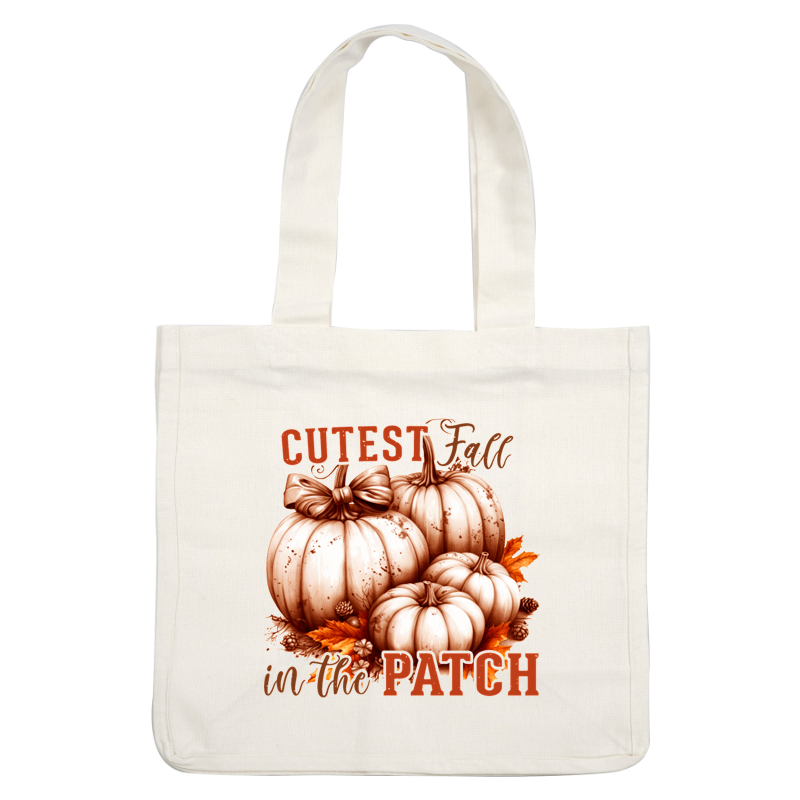 A charming illustration featuring soft, decorative pumpkins with a bow, surrounded by autumn leaves, celebrating fall with style. dtf prints