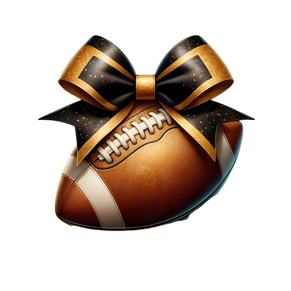 A festive brown football adorned with an elegant black and gold bow, perfect for sports lovers celebrating a special occasion.DTF Transfersdtf regular iron