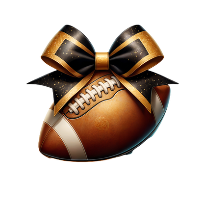 A festive brown football adorned with an elegant black and gold bow, perfect for sports lovers celebrating a special occasion.DTF Transfersdtf regular iron