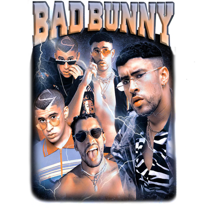 Una camiseta gráfica vibrante que presenta múltiples imágenes de Bad Bunny con un aspecto elegante y un texto llamativo, perfecta para los fanáticos. Transferencias DTF