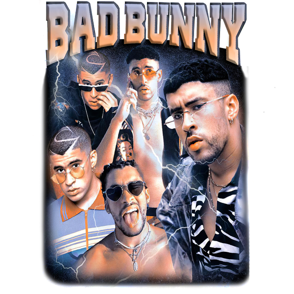 This vibrant graphic features multiple images of Bad Bunny surrounded by a lightning motif, showcasing his unique style and persona.DTF Transfers