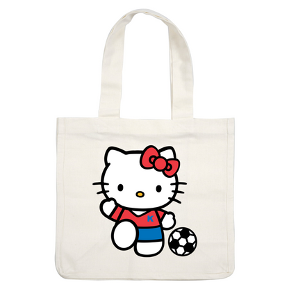 Hello Kitty is dressed in a red and blue soccer uniform, playfully posing with a black and white soccer ball.DTF Transfers