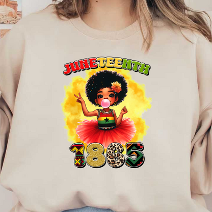 Celebrate Juneteenth with this vibrant illustration of a girl in a colorful outfit, symbolizing freedom and joy, marked 1865.dtf regular iron