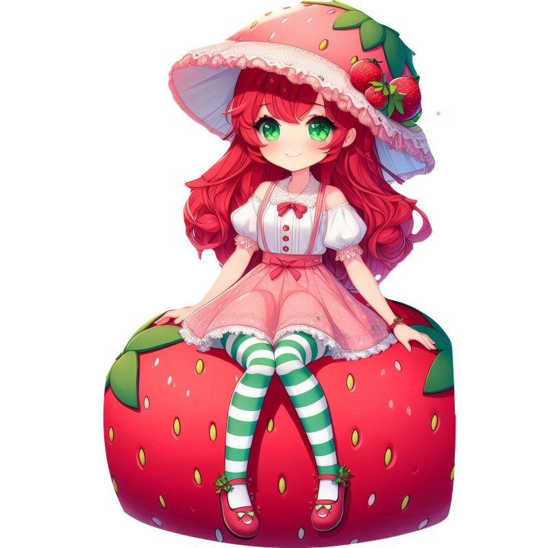 A whimsical anime character dressed in a strawberry-themed outfit, sitting atop a giant strawberry with green striped stockings and a large hat.DTF Transfers