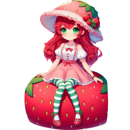 A whimsical anime character dressed in a strawberry-themed outfit, sitting atop a giant strawberry with green striped stockings and a large hat.DTF Transfers