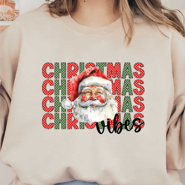 A cheerful Santa with a joyful smile is surrounded by vibrant Christmas-themed lettering, exuding festive vibes.dtf regular iron