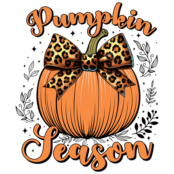 Embrace the fall with this stylish pumpkin illustration featuring a leopard print bow and the phrase "Pumpkin Season." dtf prints