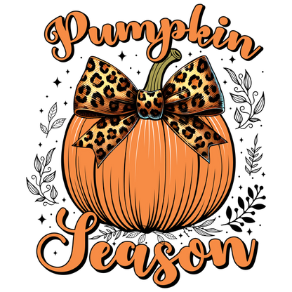 Embrace the fall with this stylish pumpkin illustration featuring a leopard print bow and the phrase "Pumpkin Season." dtf prints