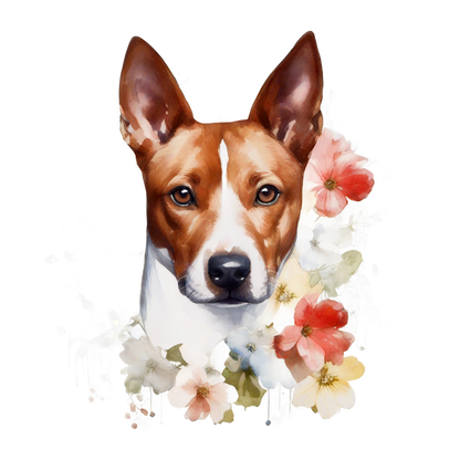 Un hermoso retrato en acuarela de un perro Basenji rodeado de flores pastel, capturando su mirada expresiva y su espíritu juguetón.