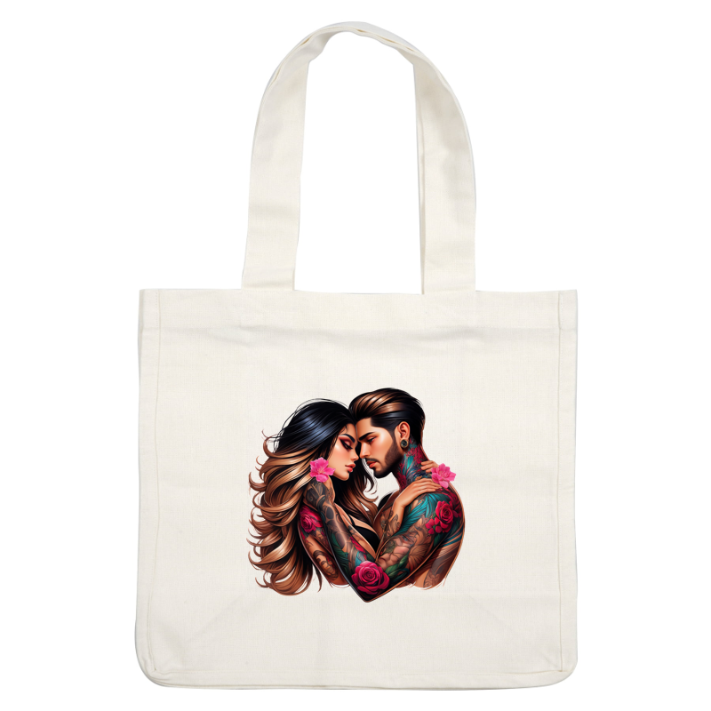 A romantic, illustrated portrait of a tattooed couple embracing, adorned with vibrant flowers and intricate body art.DTF Transfers dtf transfers