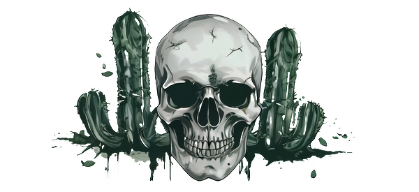 A striking graphic featuring a cracked skull surrounded by two green cacti, blending elements of nature and the macabre.UV Transfers dtf transfers