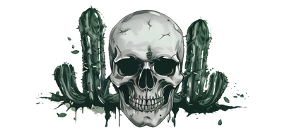 A striking graphic featuring a cracked skull surrounded by two green cacti, blending elements of nature and the macabre.UV Transfers dtf transfers