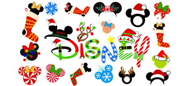 Celebrate the festive spirit with a vibrant collection of Disney-themed Christmas icons, featuring stockings, hats, and cheerful motifs!UV Transfers dtf prints