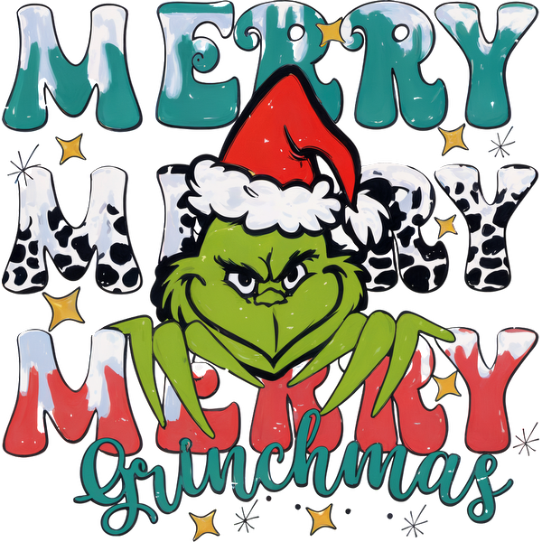 Celebre las fiestas con este divertido diseño "Merry Grinchmas" que presenta un travieso Grinch con un festivo gorro de Papá Noel. Transferencias DTF