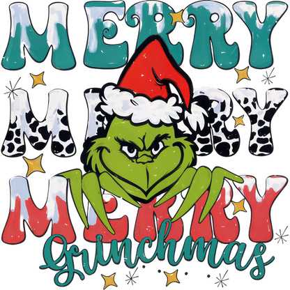 Celebre las fiestas con este divertido diseño "Merry Grinchmas" que presenta un travieso Grinch con un festivo gorro de Papá Noel. Transferencias DTF