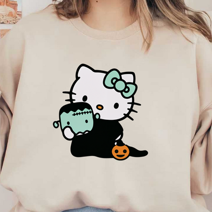 Hello Kitty cuddles a cute Frankenstein in a Halloween-themed design, featuring playful colors and festive elements.DTF Transfersdtf regular iron