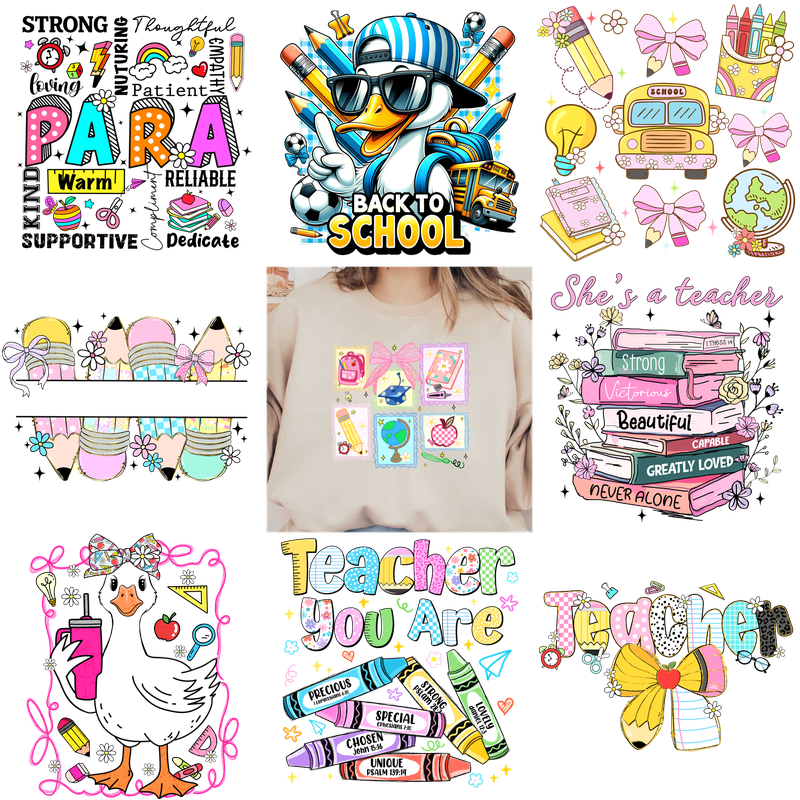 Colorful back-to-school themed designs celebrating teachers with cute graphics and messages!DTF Transfers