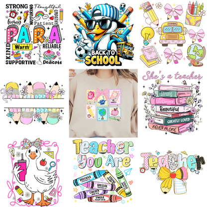Colorful back-to-school themed designs celebrating teachers with cute graphics and messages!DTF Transfers