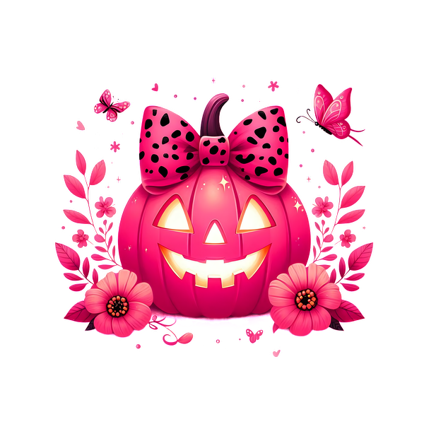 Una caprichosa calabaza de Halloween rosa adornada con un lazo de lunares, rodeada de flores y mariposas vibrantes.