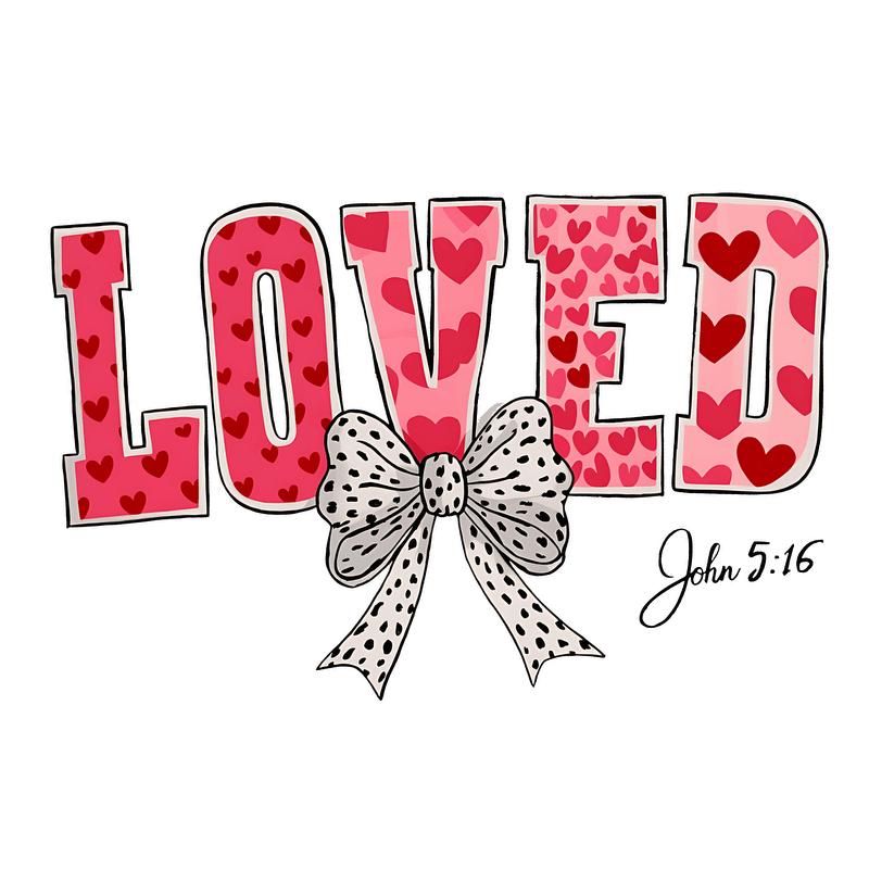 A vibrant "LOVED" graphic featuring heart patterns in pinks, accented with a charming polka dot bow for a playful touch.DTF Transfers