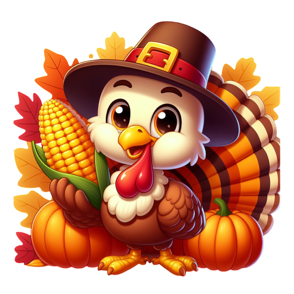 A cheerful cartoon turkey wearing a pilgrim hat, holding corn, surrounded by pumpkins and autumn leaves. Perfect for Thanksgiving! heat press transfers