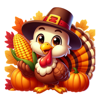 A cheerful cartoon turkey wearing a pilgrim hat, holding corn, surrounded by pumpkins and autumn leaves. Perfect for Thanksgiving! heat press transfers