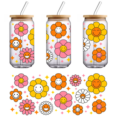 A cheerful collection of colorful flowers featuring smiling faces and sparkling accents!UV Transfers