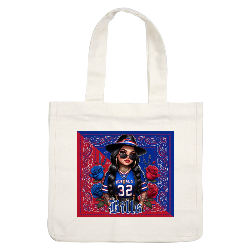 A vibrant illustration features a stylish woman in a Buffalo Bills jersey surrounded by blue and red roses, embodying team spirit. heat press transfers