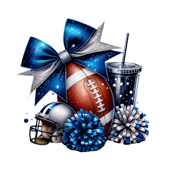 A festive arrangement featuring a football, helmet, blue pom-poms, and a drink, all adorned with a sparkly bow.DTF Transfersdtf regular iron