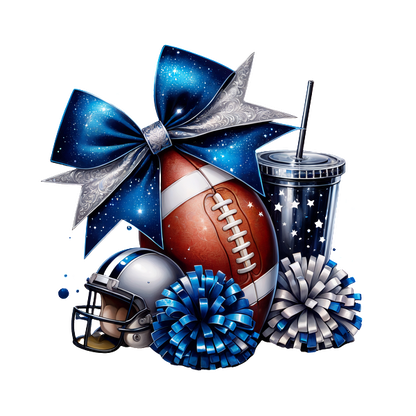 A festive arrangement featuring a football, helmet, blue pom-poms, and a drink, all adorned with a sparkly bow.DTF Transfersdtf regular iron