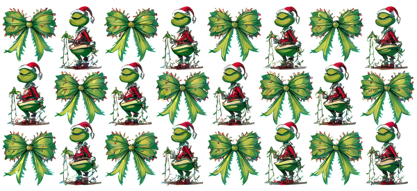 A festive collection of cartoon frogs wearing Santa hats, surrounded by vibrant green bows and holiday decorations.UV Transfers dtf prints