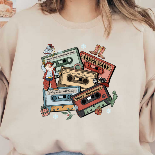 A festive design featuring colorful cassette tapes with Christmas song titles and a cheerful Santa, perfect for holiday charm. dtf prints