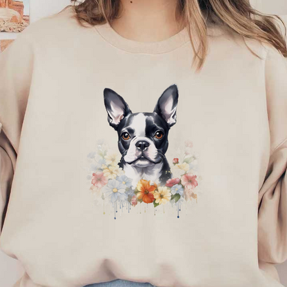 Una encantadora ilustración de un Boston Terrier rodeado de un vibrante ramo de flores coloridas.