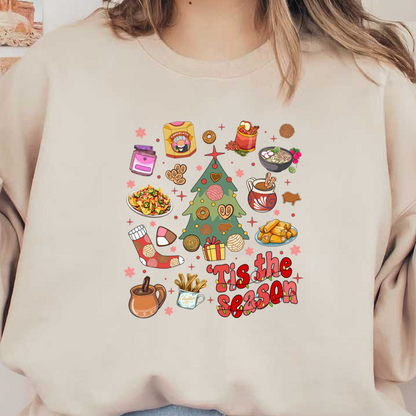 A festive illustration featuring a decorated Christmas tree surrounded by delicious seasonal treats like cookies, nachos, and warm beverages.DTF Transfers heat press transfers heat press transfers