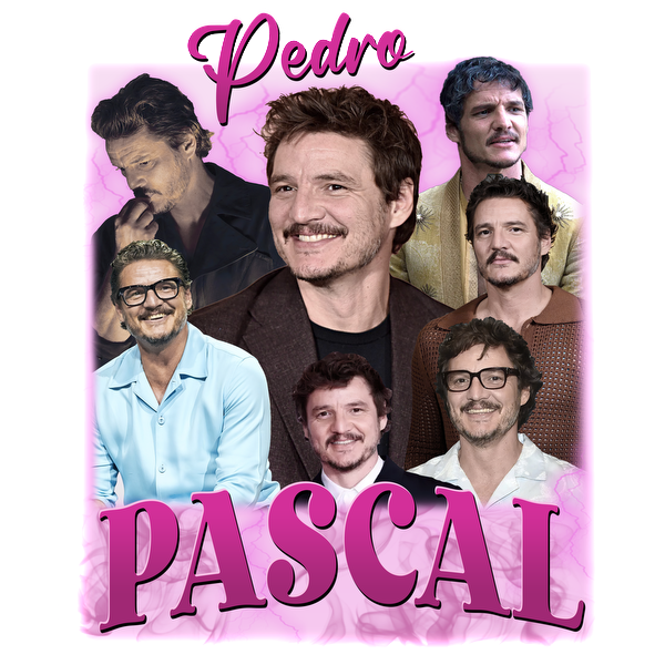 Un collage vibrante que presenta múltiples imágenes de Pedro Pascal, mostrando sus variados estilos y sonrisas encantadoras sobre un fondo rosa. Transferencias DTF