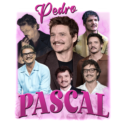 Un collage vibrante que presenta múltiples imágenes de Pedro Pascal, mostrando sus variados estilos y sonrisas encantadoras sobre un fondo rosa. Transferencias DTF