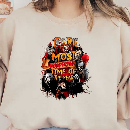 Una camiseta gráfica vibrante que presenta personajes de terror icónicos y tiene la divertida leyenda "Es la época más maravillosa del año".