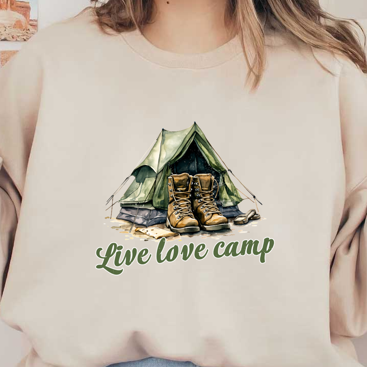 Una acogedora escena de campamento con una tienda de campaña verde y botas resistentes, acompañada de la frase "Vive, ama el campamento".