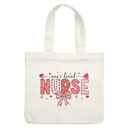 Colorful "NURSE" design featuring playful patterns and hearts, topped with a charming bow, perfect for celebrating healthcare heroes.DTF Transfers