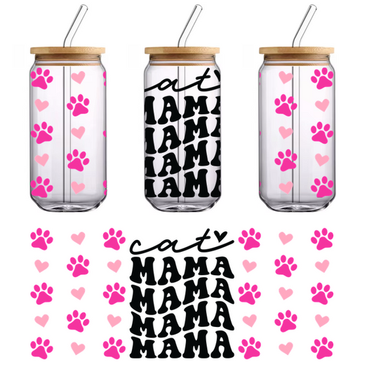 This is a "Cat Mama" sticker in neon pink paw prints on a black background.UV Transfers
