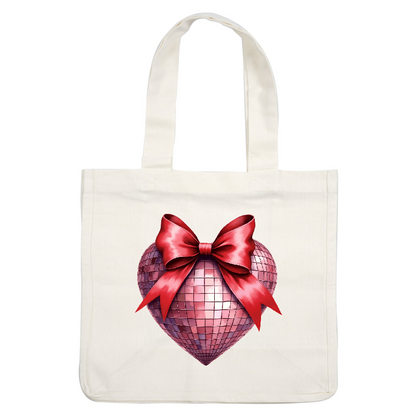 A shiny pink disco heart adorned with a vibrant red bow, perfect for celebrating love and joy.DTF Transfers