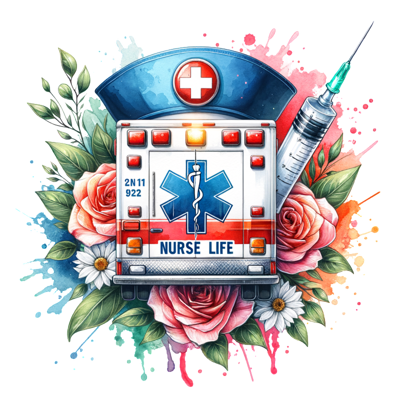 A vibrant design featuring an ambulance adorned with colorful flowers and a syringe, celebrating the essence of "Nurse Life."DTF Transfers