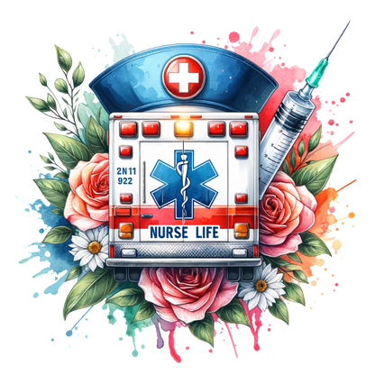 A vibrant design featuring an ambulance adorned with colorful flowers and a syringe, celebrating the essence of "Nurse Life."DTF Transfers