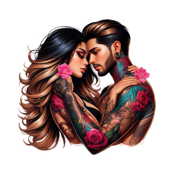 A romantic, illustrated portrait of a tattooed couple embracing, adorned with vibrant flowers and intricate body art.DTF Transfers dtf transfers