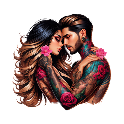 A romantic, illustrated portrait of a tattooed couple embracing, adorned with vibrant flowers and intricate body art.DTF Transfers dtf transfers