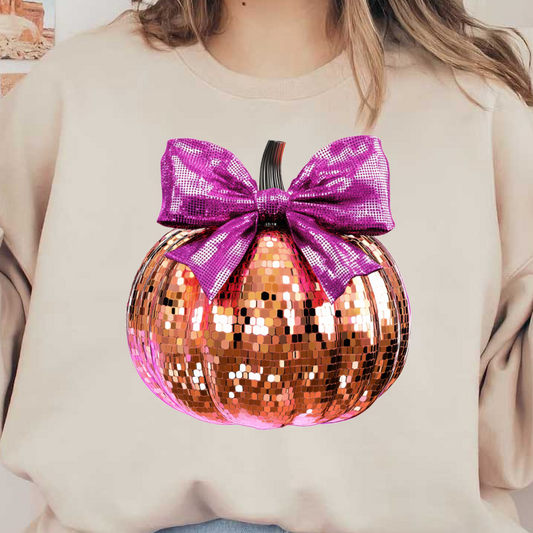 Una calabaza de oro rosa brillante adornada con un lazo de lentejuelas de color púrpura vibrante, perfecta para decoración festiva y celebraciones.