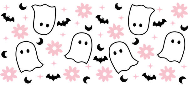 A whimsical pattern featuring pink flowers, sparkling stars, and crescent moons on a dark background.UV Transfers heat press transfers