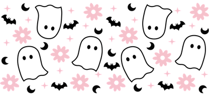 A whimsical pattern featuring pink flowers, sparkling stars, and crescent moons on a dark background.UV Transfers heat press transfers