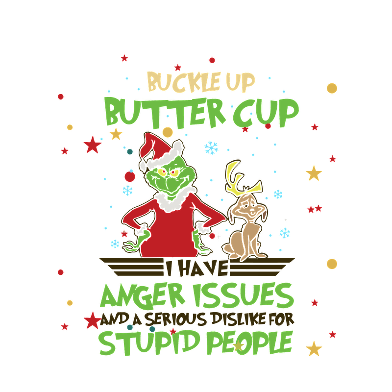 A playful holiday-themed illustration featuring a green character in a Santa outfit, alongside a reindeer, conveying a humorous message about anger.DTF Transfersdtf regular iron dtf prints