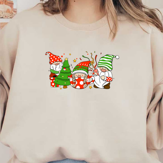 A whimsical holiday scene featuring cheerful gnomes in colorful hats, a cute Christmas tree, and festive decorations. dtf transfers